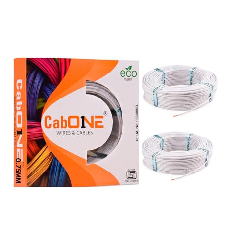 Image of CabONE 0.75 SQ.MM FR PVC Insulated Copper Electrical Wire, 90 Meter (White, Pack of 2) | ISI Marked Fire Retardant Single Core Cable for Home Wiring