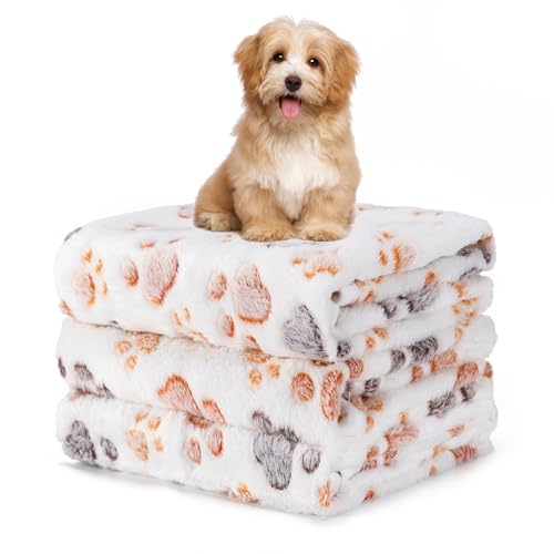 1 Packung mit 3 Decken, flauschig, Premium-Fleece, weiche Haustierdecke, Flanell-Überwurf für Katzen, Hunde, Welpen, Größe M, 76,2 x 50,8 cm, Pfotenweiß