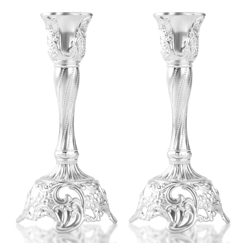 Shabbat Candles Holders Set of 2 - Silver Plated Shabbat Candlesticks Vintage Silver Jewish Holder for Shabbos Candles Havdalah Gifts for Holiday (Silver)