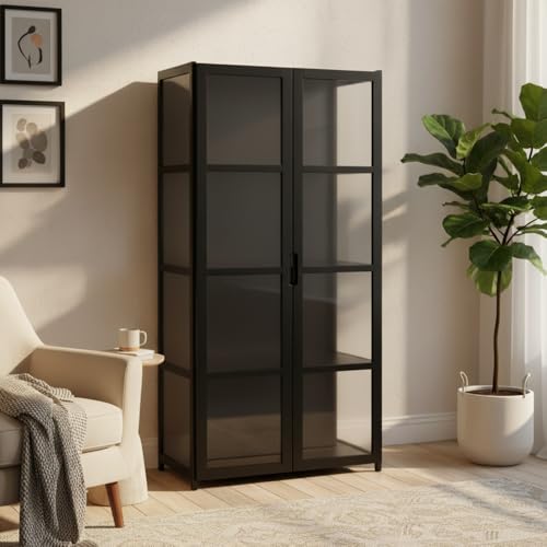 Acrylic Display Cabinets Case with Double Doors 4 Tier Clear Showcase Cabinet for Collectibles 3 Sided Transparent Black Shelves for Funko Pops Lego Action Figures Model Cars