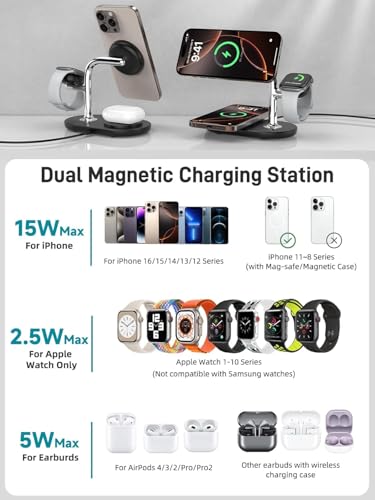 Dual Magnetic Charger for iPhone 17/17 Pro/17 Pro, 3 in 1 Wireless Charger for iPhone 16/15/14, Charging Station for Apple Watch, Wireless Charger for AirPods Pro 2, Magnetic Wireless Charging Station