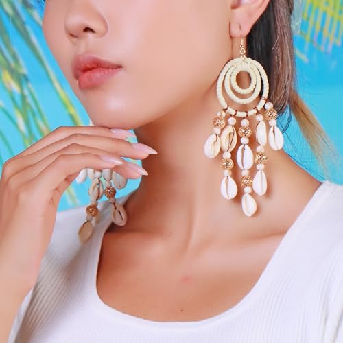 BOCAR Statement Boho Rattan Shell Dangle Earrings for Women Handmade Summer Vocation Beach Tropical Accessories Jewelry Gift (ER-1013-Beige)3