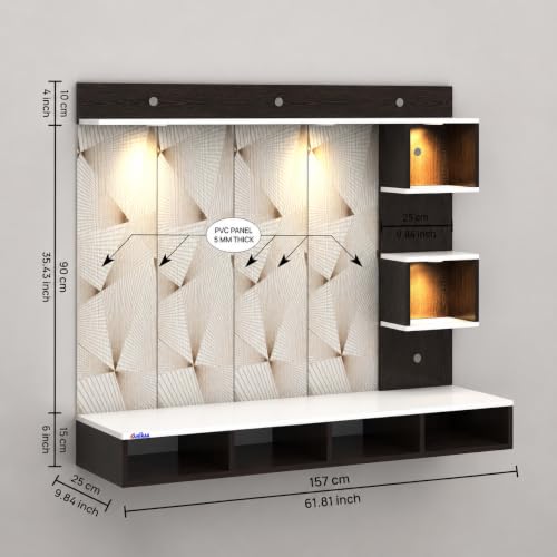 Image of Anikaa Kirina Engineered Wood Wall-Mount TV Unit with PVC Back Panel & LED Lights | TV Cabinet with Storage Box & Decorative Shelves (Wenge /White) | Ideal for TVs up to 55 Inch | DIY Installation