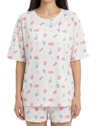 Buxitt Avenue Djerf Pajamas Womens Short Sleeve T-Shirt Pajama Sets Summer Soft Fruit Print Relaxed Fit Lounge Sleepwear Strawberry