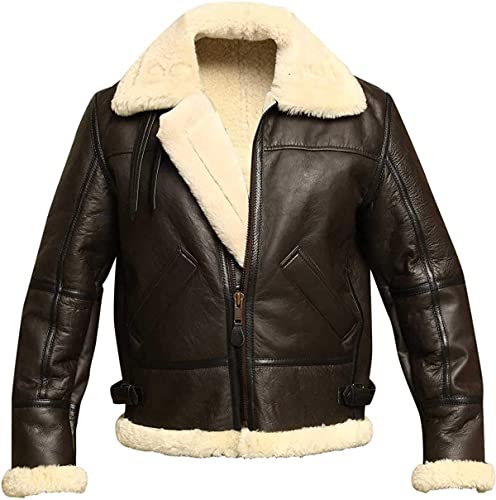 Mens B3 Bomber Jacket Aviator Real Shearling Sheepskin Genuine Leather RAF Flight Winter Jacket WW2 (Large)
