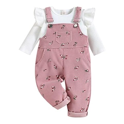 Girls Dot Skirt Kids Toddler Infant Baby Girls Long Ruffled Sleeve Ribbed Tops Floral Print Suspender Pants 2PCS Set (White, 6-12 Months) Cover