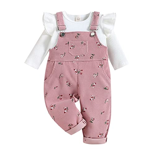 PTLLEND Costumi da Bagno Ragazza Set da 2 Pezzi per Bambini, Neonate, Maniche Lunghe Arricciate, Top a Costine, Pantaloni con Bretelle con Stampa Floreale Completo Collo Neonata