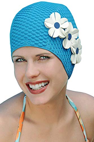 Vintage Swim Caps for Women: Triple Flower Swimcap Hot Pink w/White Flowers