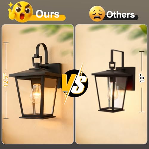 Image of Kalium Outdoor Wall Lantern 2 Pack, Waterproof Exterior Wall Mount Light with Clear Glass in Black Finish, Porch Outside Lighting for Entryway, Backyard, Patio, E26 Base, Clear Glass 12.5 in