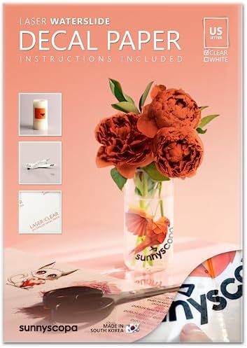 Sunnyscopa Waterslide Decal Paper for LASER Printer - CLEAR, US LETTER SIZE 8.5"X11", 20 SHEETS, Personalized Water Slide Transfer Transparent Printable paper - DIY Custom for Tumblers, Glasses, Mug