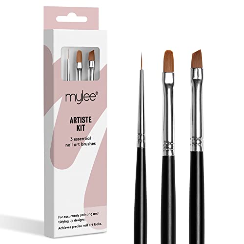 Mylee Artiste Nail Brush Kit 3x Brushes Design for Gel Nail Art & Polish Application Oval Angled Fine Professional Quality Manicure Painting Tool Liner Drawing Pen for Home & Salon Use
