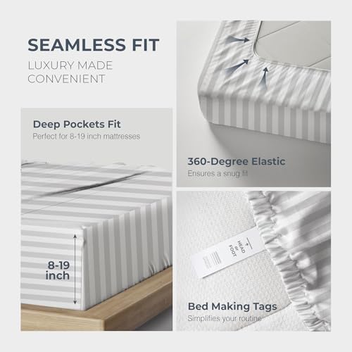 Image of THREAD SPREAD 100% Egyptian Cotton Damask Sheets Queen Size - Luxury 1500 Series Queen Sheet Set Egyptian Cotton (4 PC, White Stripe), Silky Soft, Sateen, Cooling & Breathable, 17 inch Deep Pocket Bed Set