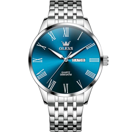 OLEVS Armbanduhr Herren Silber Edelstahlband Analoger Quarz Uhren für Männer Klassisches Blau Großgesicht Römische Ziffern Herren Kleid Uhr Wasserdicht Leuchtend Tag Datum Herrenuhren