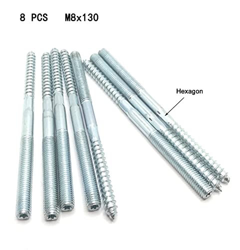 Image of Hanger Bolt M8x130 Silvery Double Headed Bolt Self-Tapping Screw with Hexagon for Furniture 8Pcs