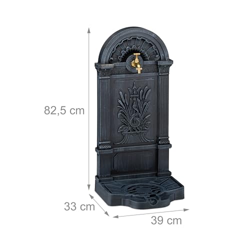Relaxdays Standbrunnen, Antik-Stil, HBT: 82,5x39x33 cm, Nostalgie, Garten, Terrasse, Wasserhahn, Becken, stehend, grau