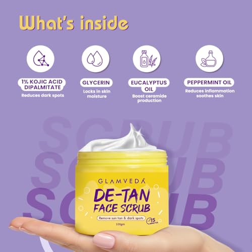 Image of Glamveda De Tan Scrub For Face 100gm | Face Mask for Glowing Skin & Tan Removal | Cleanser, Dead Skin | Blackhead Remover For Deep Exfoliation | Face Scrub For Men & Women | All Skin Types