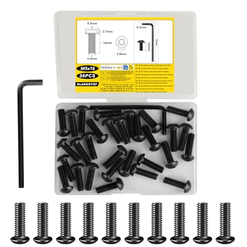 30 PiècesVis M5, Vis à Tête Bombée à Six Pans Creux Noires, Boulons a Tête Cylindrique Ronde à Hexagonale, Assortiment de Boutons a Six Pans Creux + Clé M3