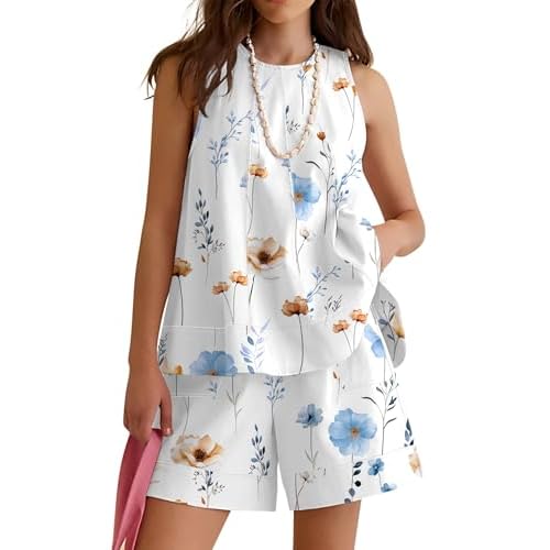 Rapbin Women Two Piece Short Set Drawstring Elastic Waist Pants Round Neck Tank Tops Comfy Sweatsuit Soft Sleepwear White Pink Floral Medium