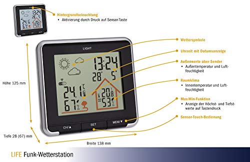 Foto von TFA Dostmann Digitale Life, Wetterstation mit Funk, inkl Aussensensor, Hintergrundbeleuchtung, Aussen-und Innentemperatur, schwarz, L 138 x B 28 (67) x H 125 mm