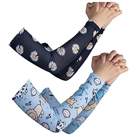 Lohca 2 Pairs Kids Arm Sleeves UV Protection Cute Cartoon Cooling Arm Cover Breathable Quick Dry for Boys Girls Toddlers, Daisy + Zoo Cover