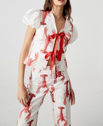 Image of Women Y2k 2 Piece Outfits Tie Front Pajamas Set Puff Short Sleeve Lobster Print Lace Up Tops with Pants Summer Outfit