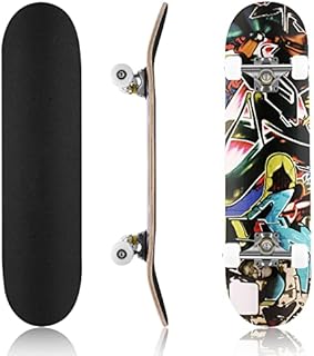 Skateboards for Beginners, 31” Complete Skateboard for Kids Teens Adults, 9 Layer Canadian Maple Double Kick Deck Concave Trick Skateboard, 54mm Wheels (04-Yellow Pattern)