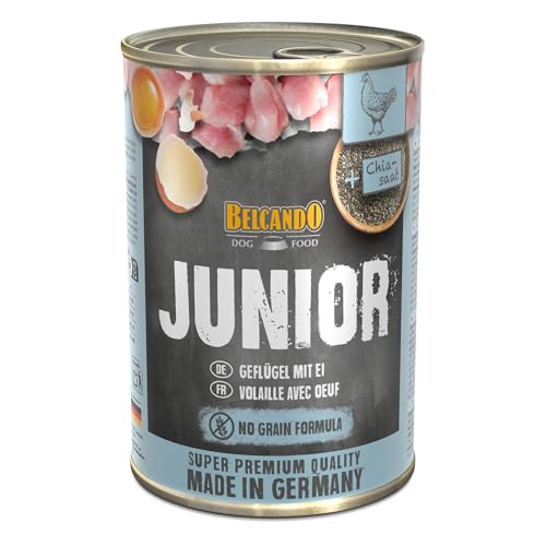 BELCANDO Nassfutter für Hunde, Junior Geflügel mit Ei, 6X 400g Dose, Hundefutter nass, für alle Rassen, Made in Germany