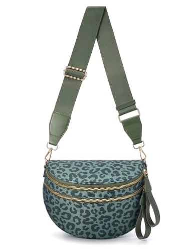 Image of Pure Colour Crossbody Bag Bum Bag for Women,Spacious Purse Fanny Packs Belt Bag,Oversized Bum Bag (Bean Green Leopard Print Bum Bag)