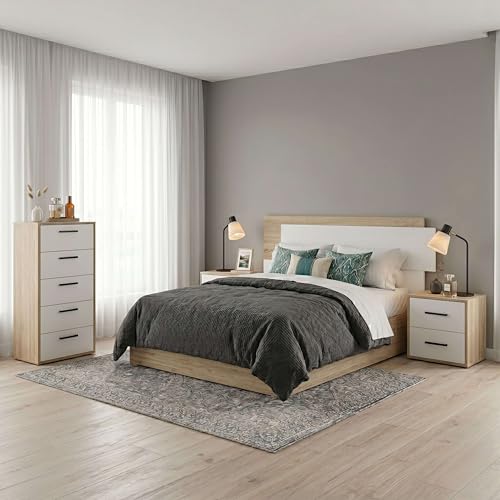 Miroytengo Pack de Dormitorio con Cabecero + 2 Mesitas de Noche y Sinfonier Roble Cambrian y Blanco Mate