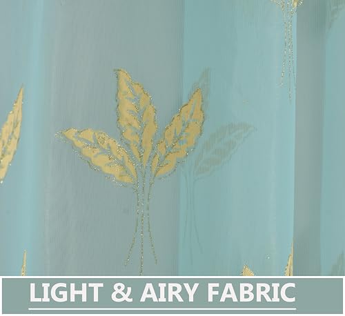 Image of IVAZA Polyester Semi-Transparent Leaf Embroidered Curtain ? Sheer Voile Panel with Eyelets ? Lightweight & Airy ? Ideal for Living Room, Bedroom, Balcony Window- 5 Feet (Pack of 1) Firozi