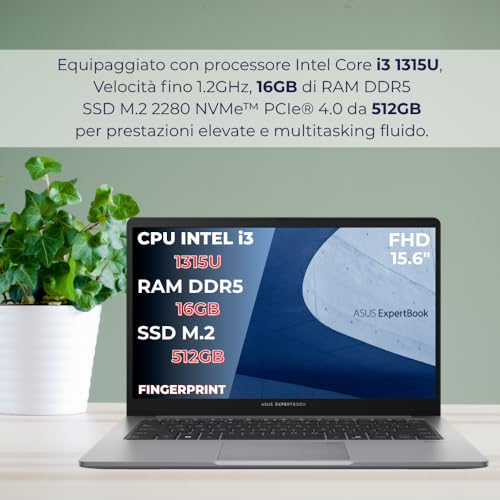 Expertbook P1, Pc Portatile, Notebook i3-1315U, 16GB RAM DDR5, 512GB SSD PCIex 4.0, Display 15.6 FHD, Computer Portatile, Laptop con Fingerprint - Layout Italiano - Pronto all'uso - Notebook - Immagine 2
