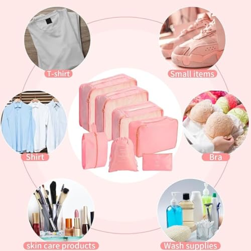 Image of Sprqcart Polyester 7 Set Travel Organizer Bag 3 Packing Cubes + Pouches 1 Toiletry (Pink20 Cm, Cm)