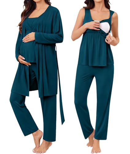 Image of SWOMOG Maternity Nursing Robe Set 3 Piece Breastfeeding Pajamas 3 in 1 Labor Delivery Sleevless Tops&Long Pants Pregnancy Pjs