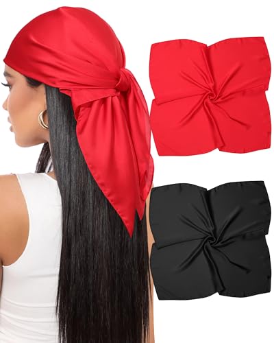AWAYTR 27.5” Satin Head Scarf for Women Like Silk Scarf Hair Bandanas Women 2Pcs Satin Neck Scarf Headscarf Hair Wrap (Black + Red)