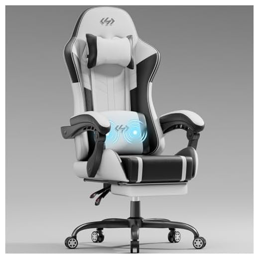 HLONONE Gaming Stuhl mit Massagefunktion, Ergonomischer Gamer Stuhl, Racing Gaming Sessel mit Fußstütze, Kopfstütze und Massage Lendenkissen, Gepolstert PC Stuhl, 150 kg Belastbarkeit, Schwarz-Weiß