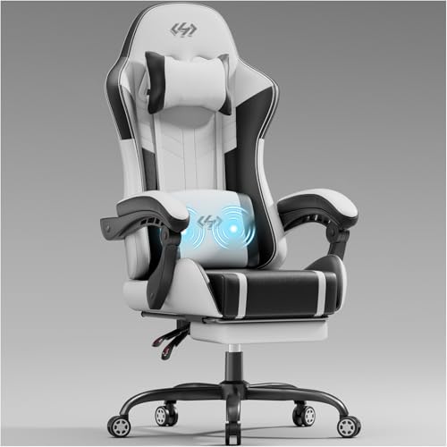 HLONONE Gaming Stuhl mit Massagefunktion, Ergonomischer Gamer Stuhl, Racing Gaming Sessel mit Fußstütze, Kopfstütze und Massage Lendenkissen, Gepolstert PC Stuhl, 150 kg Belastbarkeit, Schwarz-Weiß