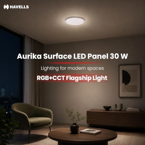 Image of Havells Aurika 30W LED Surface Ceiling Light|RGB Colour Changing + 3000K-6500K Tunable White|Dimmable with Remote Control|Modern Surface Mount Panel Light for Living Room, Bedroom & Home