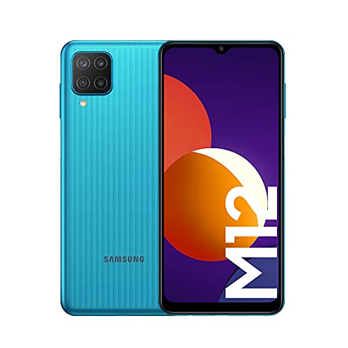 Samsung Galaxy M12 スマートフォン、6.5 インチ Infinity-V TFT LCD スクリーン、4 GB の RAM および 64 GB の拡張可能な内部メモリ、5000 mAh バッテリーおよび高速充電グリーン (ES バージョン)