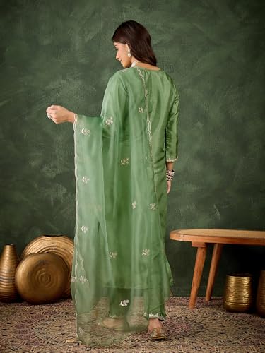 Image of VredeVogel Women's Ethnic Wear Embroidered Silk Blend Kurta Pant Set with Organza Dupatta | Festive & Casual Summer Kurti with Pants for Party Office & Ethnic Occasions
