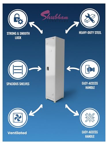 Image of Shubham Furnitures Single Door Steel Locker Cabinet with 4 Shelves & Hanging Rod | Heavy Duty Lockable Storage Cupboard for Office Gym School Factory | Powder Coated 1 Door Metal Locker Light Grey