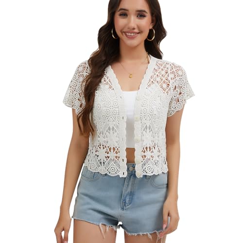 Image of Women's Short Sleeve Bolero Shrugs Crochet Lace Open Cardigan