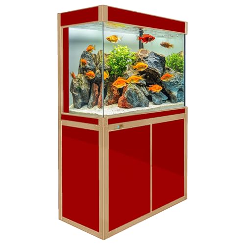 Aqua Dream 100 Gallon Fish Tank Aquarium with Stand & Sump Filter - Ultra-Clear Glass, Cabinet, 86-Gallon Display, 920 GPH Pump, LED Light, Freshwater Aquarium & Reef-Ready - Red/Gold