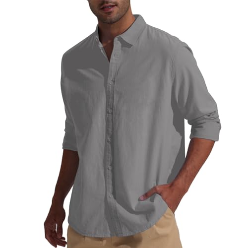Friptspyg Leinenhemd Herren Hemd Langarm Baumwolle Leinen Hemden Button-Down Freizeithemden Casual Regular Fit Sommerhemd, Dunkelgrau L 5