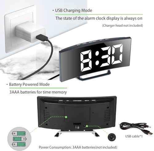 Image of Digital Alarm Clock with 7'' Curved LED Mirror Screen, USB & Battery Powered, Dual Brightness Levels, Snooze Function - Modern Alarm Clock for Bedroom, Kitchen, Office (Curved-Mirror Alarm Clock)