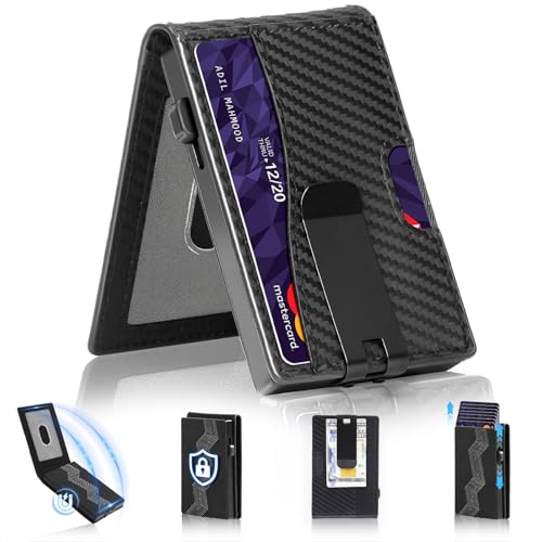 Wallet for Men, Mens Minimalist Wallet with Money Cards,RFID Blocking Smart Pop Up Card Wallet with ID Window,Holds 7-10 Cards,Gift Boxed