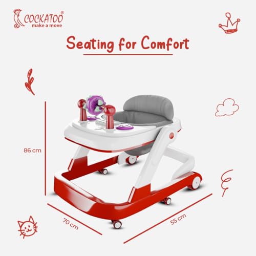 Image of Cockatoo First Move 3-in-1 Baby Walker - Adjustable Height (3 Levels), Rocker, Push & Activity Walker with Musical Toy Tray & Light, 6 Lockable Wheels, Foldable, Safe for 6-18 Months, up to 15kg Red