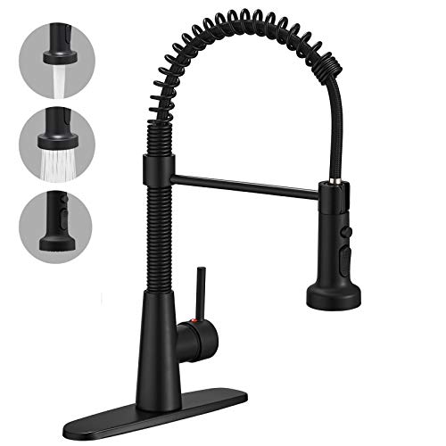 Hoimpro Solid Brass Matte Black Kitchen Faucet with Pull Down Sprayer, Rv Cabinet Paint Black Spring Kitchen Sink Faucet , 3 Function High Arc Single Handle Laundry Faucet (1 or 3 Hole)
