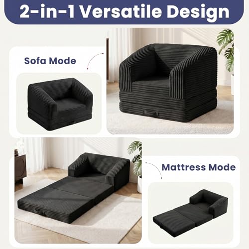 Image of JUIKURY Convertible Sofa Bed, 3-in-1 Foldable Loveseat Couch with Armrest, Corduroy Floor Sofa & Sleeper Bed, No Assembly High-Density Foam Futon Mattress for Living Room, Small Apartment, Dorm