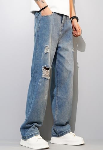 Men's Ripped Denim Pants High Waist Baggy Casual Straight Wide-Leg Fashion Vintage Comfort Distressed Jeans4