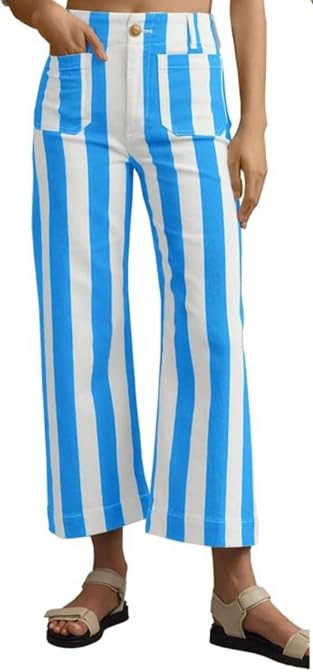 Womens Cropped Striped Jeans High Waisted Strechy Wide Leg Capri Jeans Straight Flare Ankle Denim Pants with Pockets